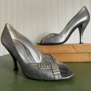 Sergio Rossi Silver Peep Toe Heels with Gemstones